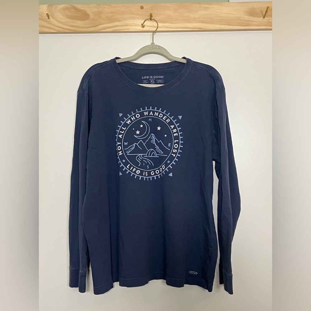 Life is Good Long Sleeve Crusher Tee Blue Men Size XL Nature Outdoor